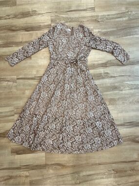 Long Sleeve Lace Midi Dress in Taupe - Elegant Women's Occasion Dress